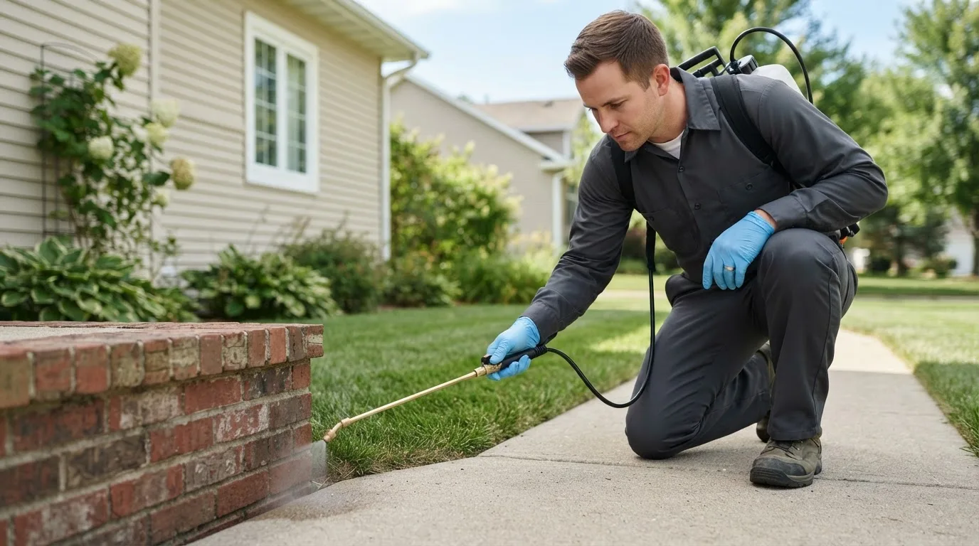 Pest control technician treating a home near De Borgia, MT